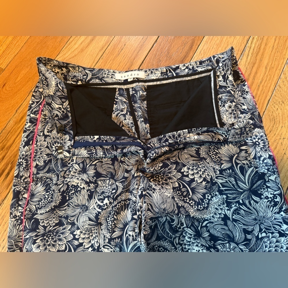 Sandro Paris Blue Floral Pants Viscose High Rise Ankle Pockets Women’s Sz 36 - Picture 6 of 13